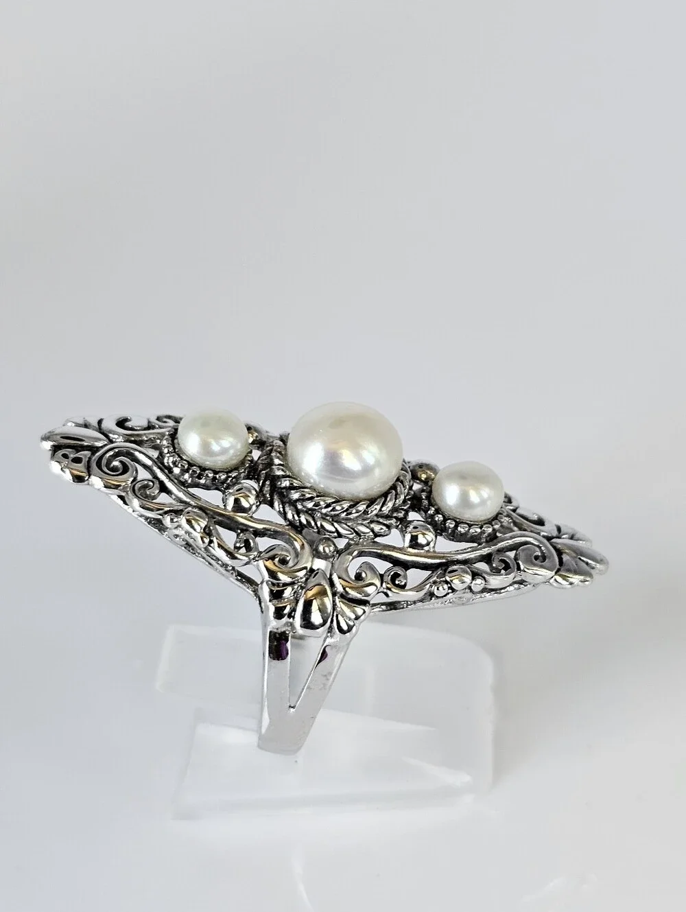 Genuine Cultured Pearl Elongated Sterling Silver Ring Size 8!